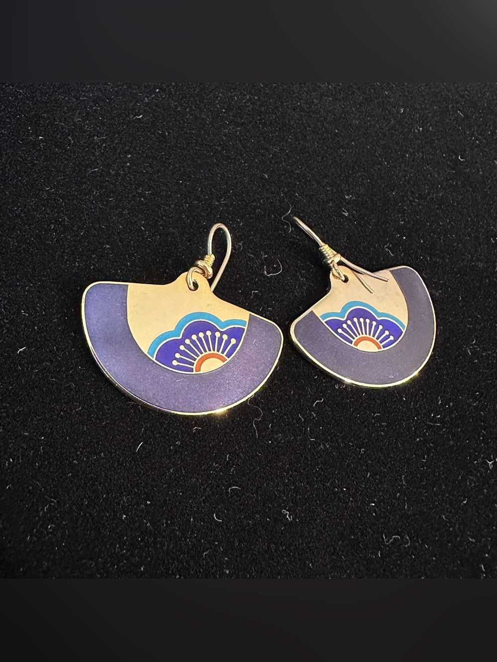 Vintage 80s Laurel Burch Cloisonne Black Lilac Enamel Fan French Dangle Earrings